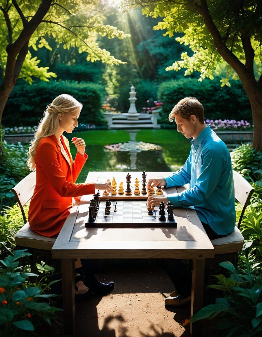 A serene chessboard set in a tranquil park, surrounded by blooming flowers and lush greenery, where two players are engrossed in a strategic match. Sunlight filters through the leaves, casting gentle shadows, while birds flutter nearby, symbolizing a peaceful environment enhancing mindfulness and happiness. Include chess pieces intricately designed with artistic flair. super-realistic. vibrant colors. peaceful atmosphere.